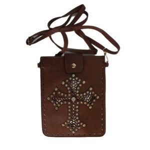 Crossbody Bag Shoulder Purse PU Leather Brown with Crystal Studs